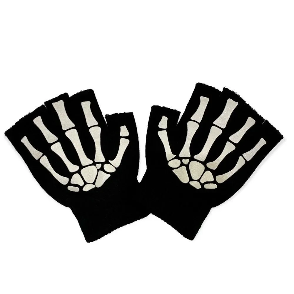 Gothic Glow In The Dark Skeleton Fingers Black Knit Shirt Cover Gloves NEW